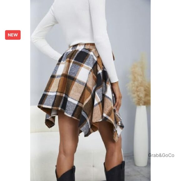 Plaid Flannel Mini Skirt Bow Tie Front Elastic High Waisted Asymmetrical Chic - Picture 3 of 7